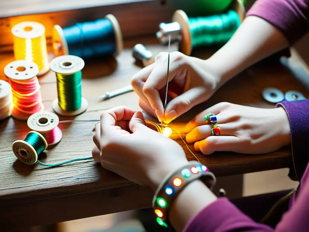 Un artesano hábil cose meticulosamente luces LED en una pulsera de tela, con herramientas vintage y componentes electrónicos