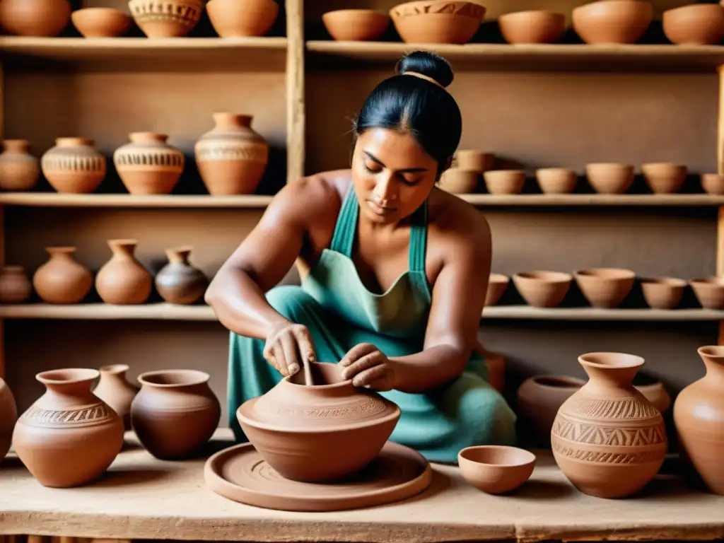 Artesano indígena moldeando cerámica con herramientas ancestrales en taller rústico