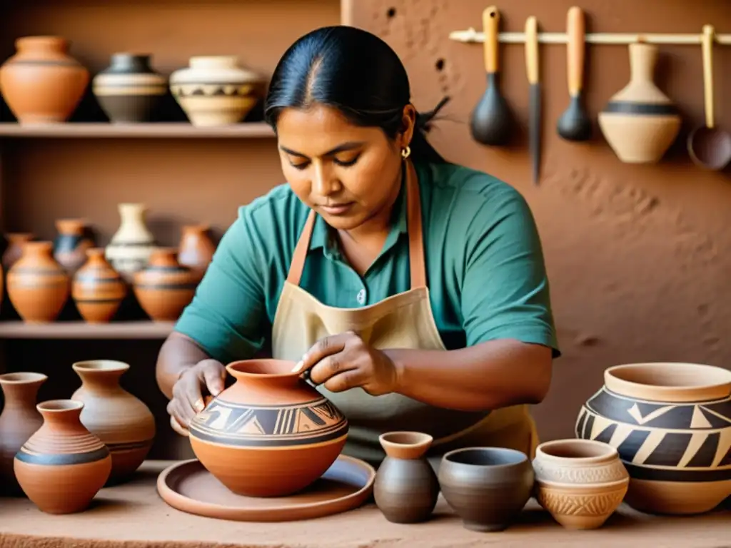 Artesano indígena crea cerámica con técnicas tradicionales, mostrando la historia y evolución de la alfarería en culturas indígenas