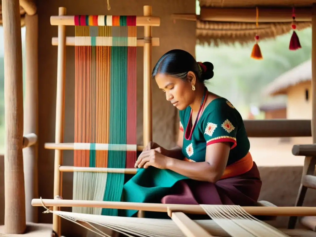 Un artesano indígena teje meticulosamente un textil vibrante en un telar tradicional