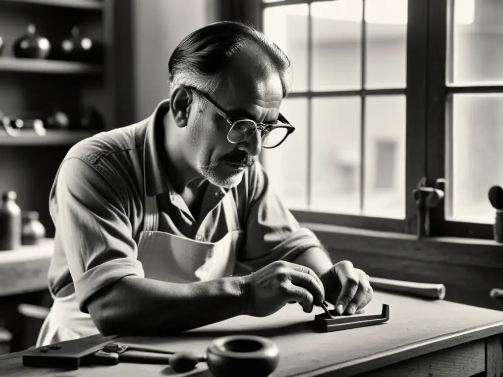 Un artesano hábil confecciona lentes correctivos a mano en un taller, evocando la historia de los lentes correctivos