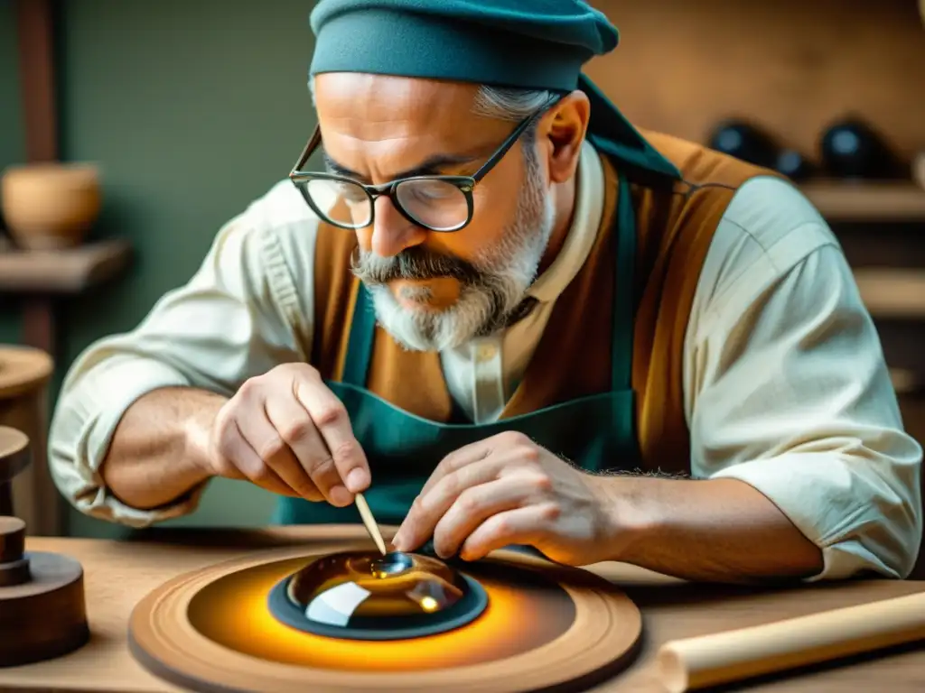 Un artesano renacentista aplica meticulosamente una lente convexa en gafas, evocando nostalgia y artesanía histórica