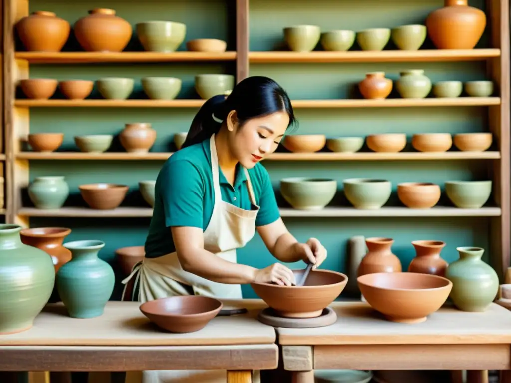 Artesanos asiáticos moldeando cerámica en taller tradicional, con estantes de piezas coloridas