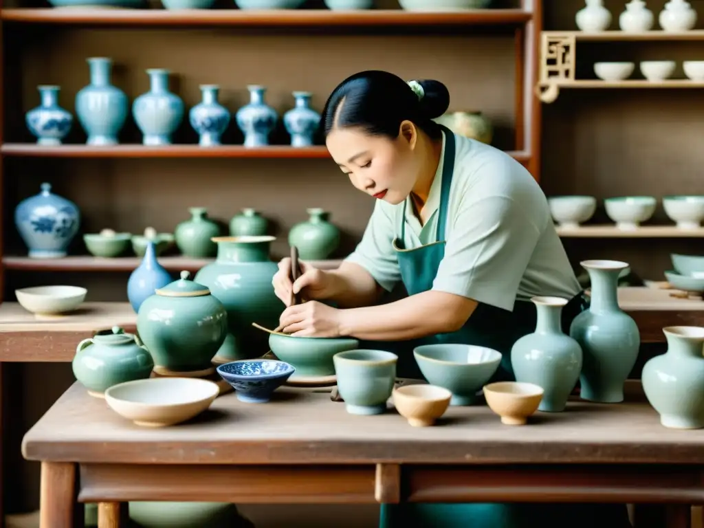 Artesanos chinos elaborando delicadas piezas de porcelana en un taller tradicional