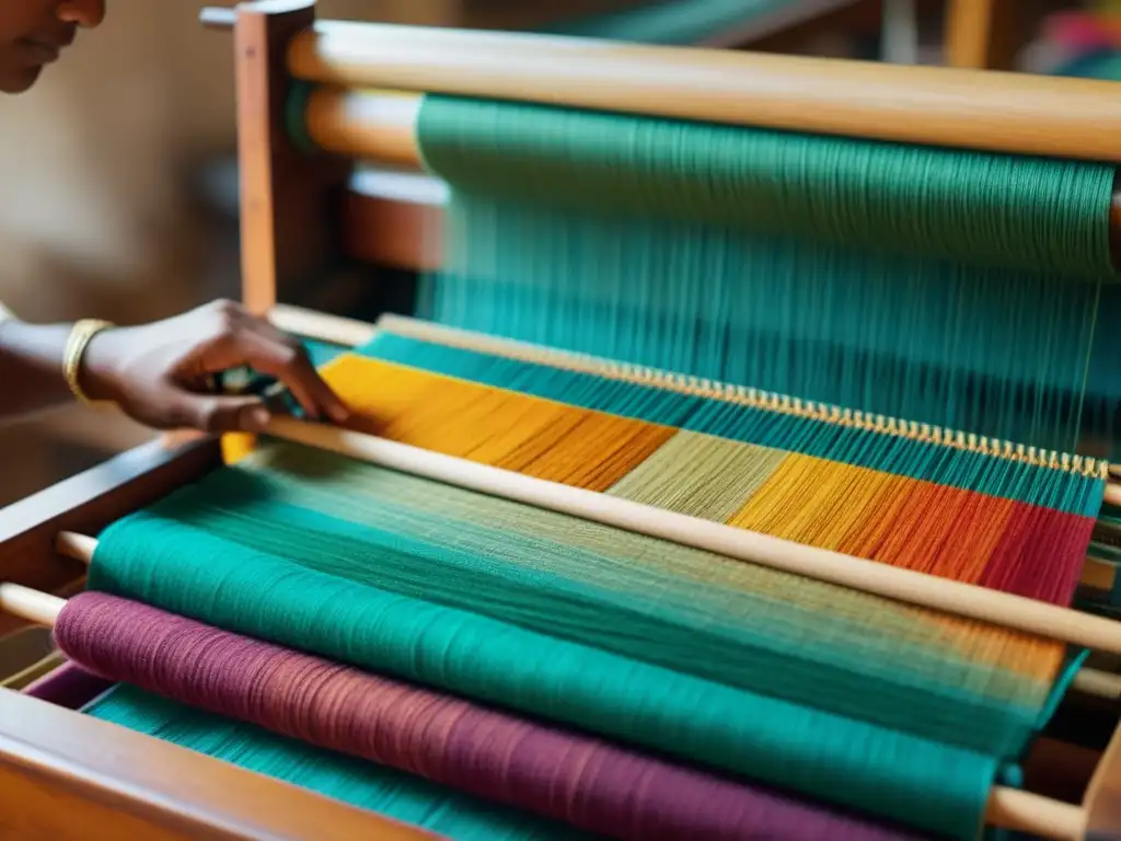 Artista del textil tejiendo tela sostenible en telar de madera rodeada de hilos y telas coloridas