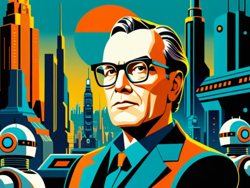 Una ilustración vintage de Isaac Asimov rodeado de robots futuristas, mostrando avances en la robótica autónoma en una ciudad retrofuturista