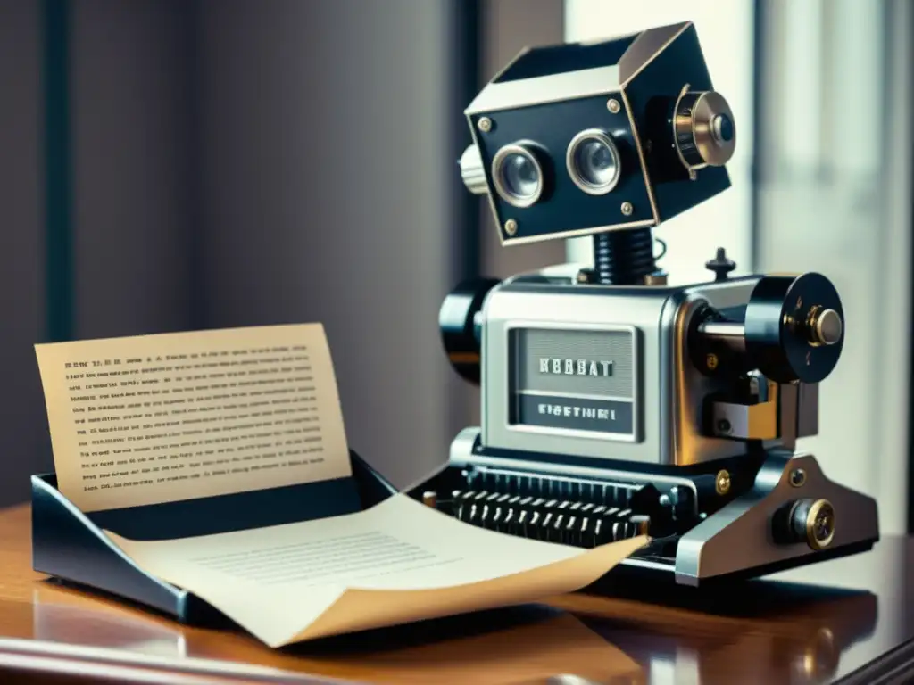 Robot asistente vintage con encanto nostálgico Un asistente robótico vintage sostiene una hoja con texto, rodeado de una máquina de escribir y un teléfono antiguo