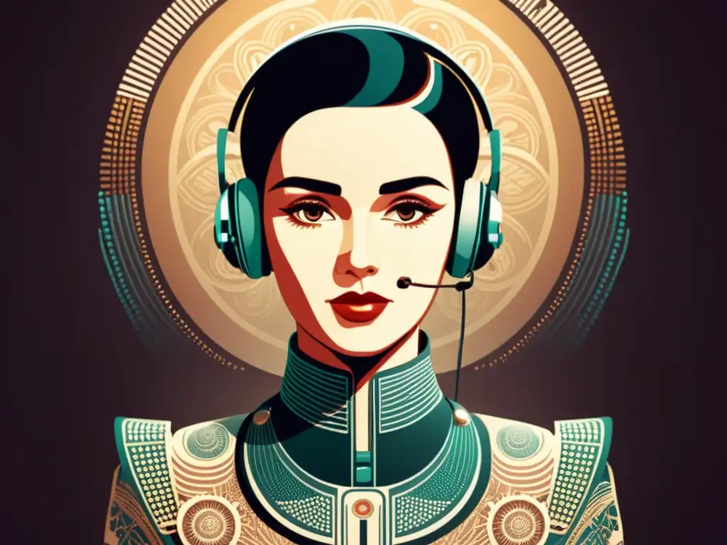 Ilustración vintage de un asistente virtual con expresiones faciales detalladas, evocando Desarrollo sentimientos reales asistentes virtuales