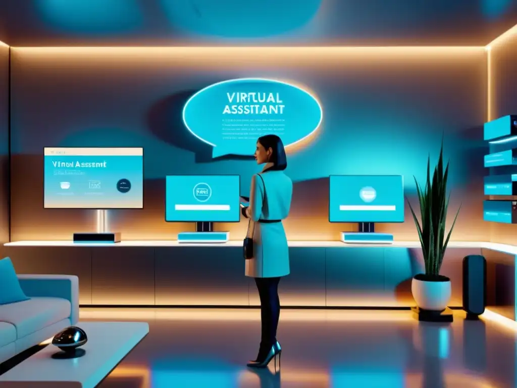 Un asistente virtual en un salón futurista, gestiona compras con voz