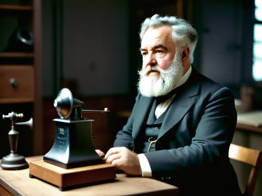 Alexander Graham Bell asombrado por el primer teléfono inalámbrico, en su taller histórico