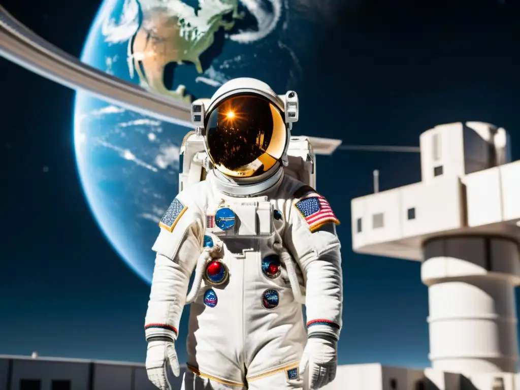 Un astronauta en traje espacial vintage frente a una estación espacial futurista, resalta el desarrollo tecnología trajes espaciales