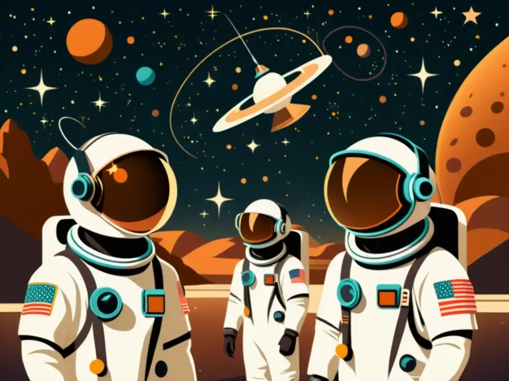 Astronautas en entrenamiento con realidad virtual, trajes espaciales retro y tecnología futurista nostálgica en ilustración vintage