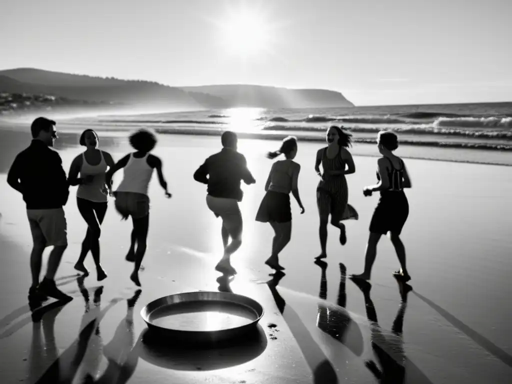 Un atardecer nostálgico en la playa, donde un grupo de personas juega con un platillo metálico