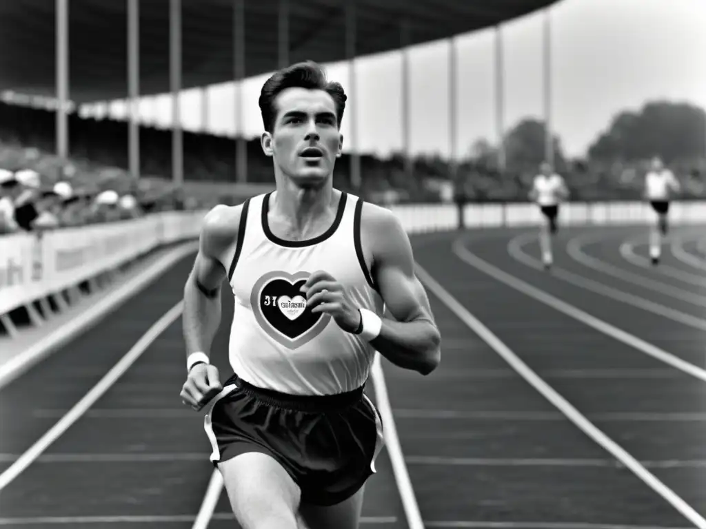 Un atleta de los años 50 corre en una pista con un monitor cardiaco antiguo, evocando la evolución de la tecnología wearables deporte análisis