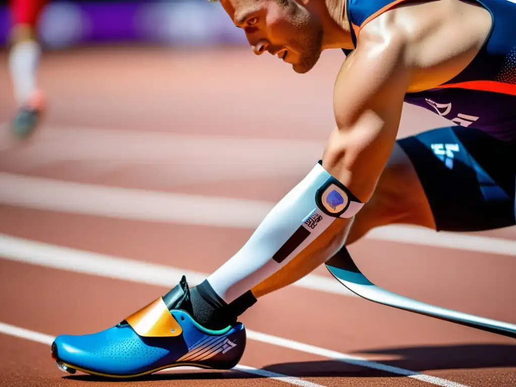 Un atleta paralímpico ajusta su avanzada prótesis de carrera, destacando la innovación en los Juegos Olímpicos para atletas adaptativos