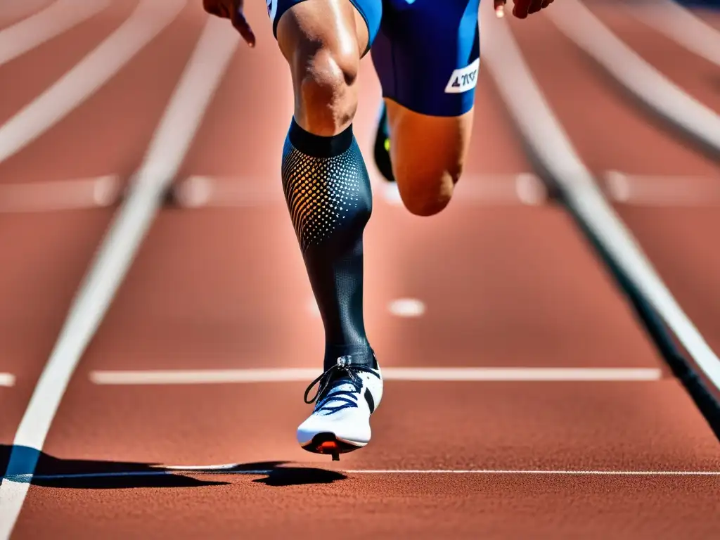 Un atleta prueba una pierna protésica de alta tecnología en la pista, mostrando la innovación en los Juegos Olímpicos