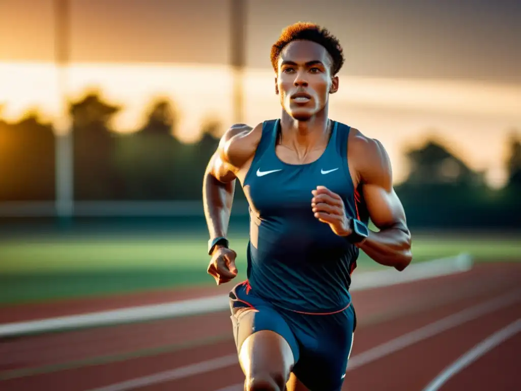 Un atleta profesional con tecnología wearable entrena al atardecer en una pista, mostrando determinación