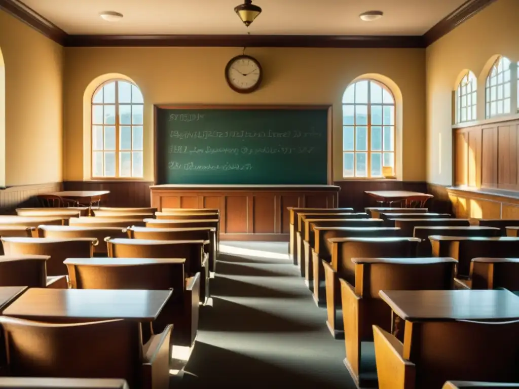 Una atmósfera nostálgica de aula vintage con filas de pupitres de madera, pizarra al frente y cálida luz solar