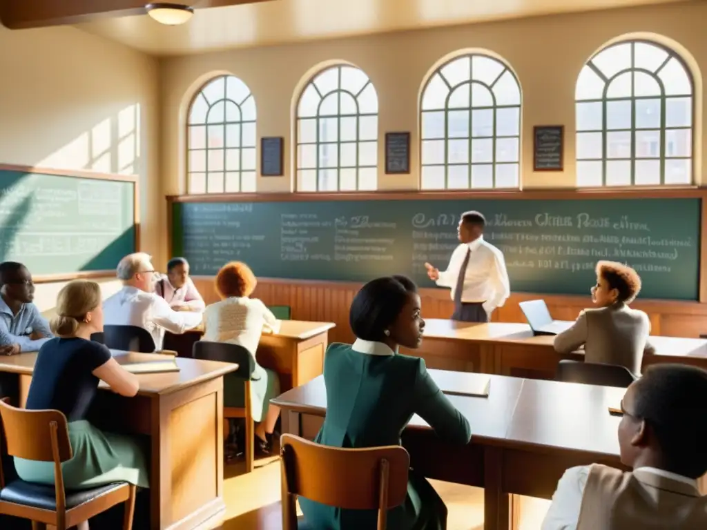 Una aula bulliciosa con estudiantes de diversas edades y fondos, inmersos en una animada discusión