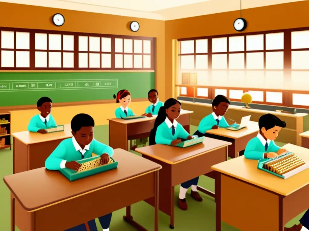 Ilustración vintage de un aula con estudiantes usando tecnología educativa temprana y juegos de mesa para aprender