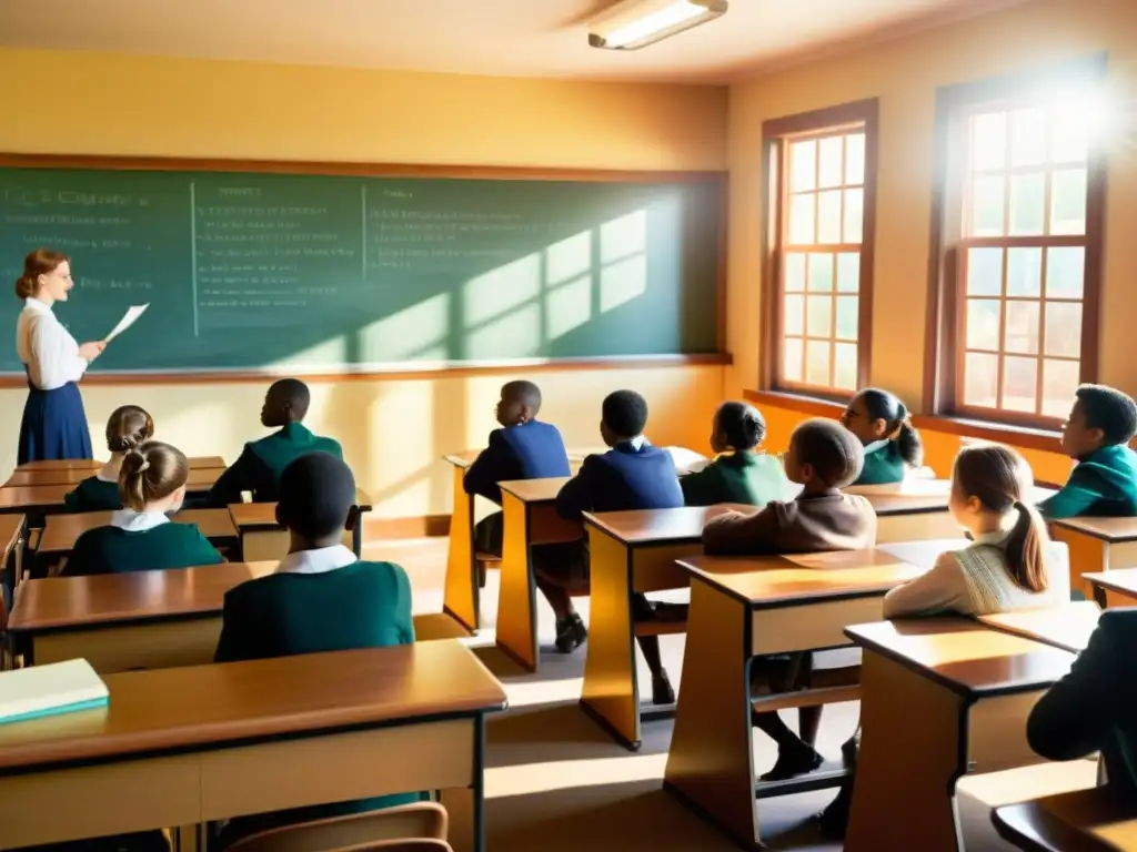 Una ilustración vintage de una aula llena de estudiantes atentos, bañada por la cálida luz del sol