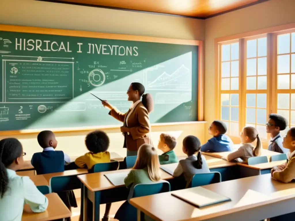 Una ilustración vintage de una aula llena de estudiantes entusiastas, con pizarrón cubierto de dibujos de inventos históricos y juegos educativos