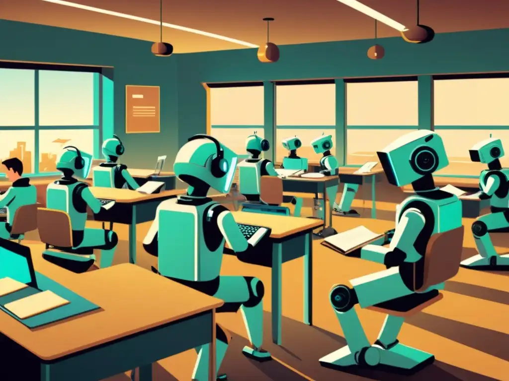 Una ilustración vintage de una aula llena de estudiantes y robots trabajando juntos en actividades educativas