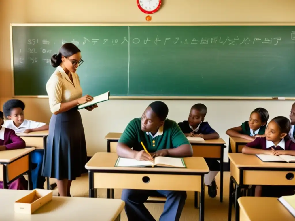 Un aula vintage con aprendizaje individualizado con Big Data, donde el maestro interactúa con los estudiantes en un ambiente cálido y acogedor