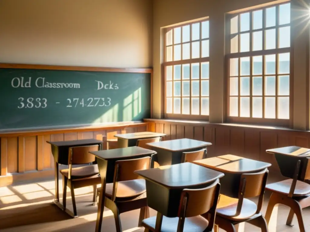 Un aula vintage con escritorios de madera, pizarrón y ventanas grandes