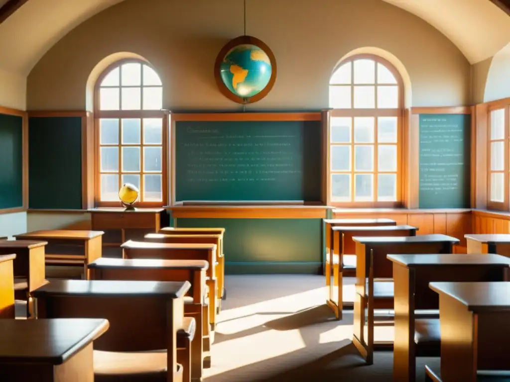 Una aula vintage con escritorios de madera, sillas ordenadas, pizarra y luz cálida