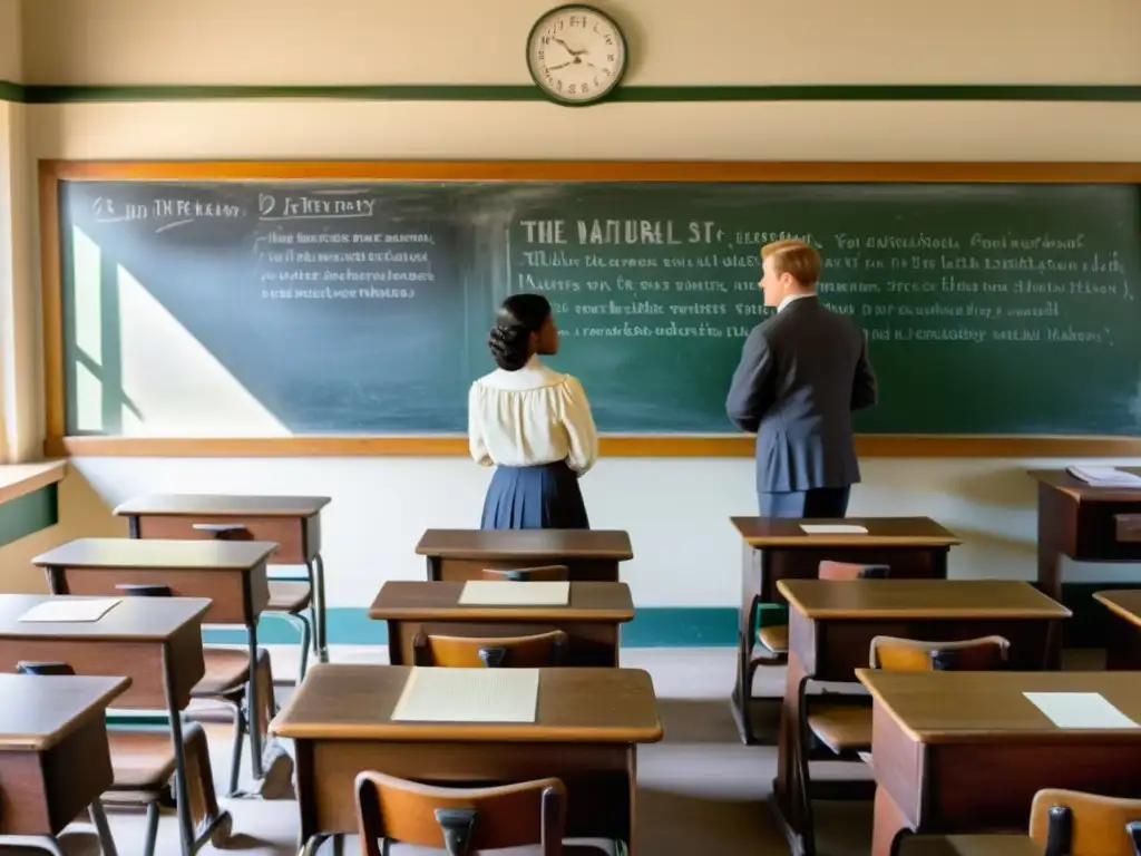 Una aula vintage con escritorios de madera y sillas, pizarrón al frente y ventanas grandes