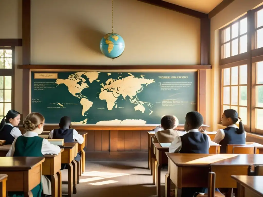 En un aula vintage, estudiantes atentos escuchan a su apasionado maestro mientras enseña