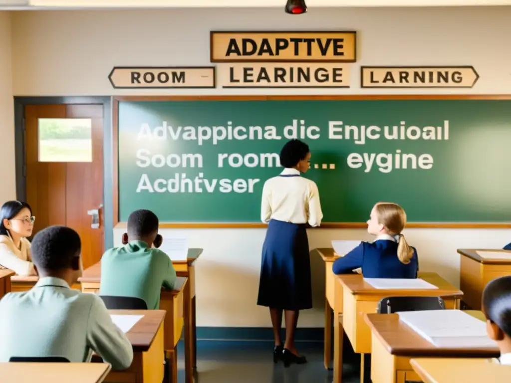 Aula vintage con estudiantes y maestro ajustando un 'Aprendizaje Adaptativo Engine'