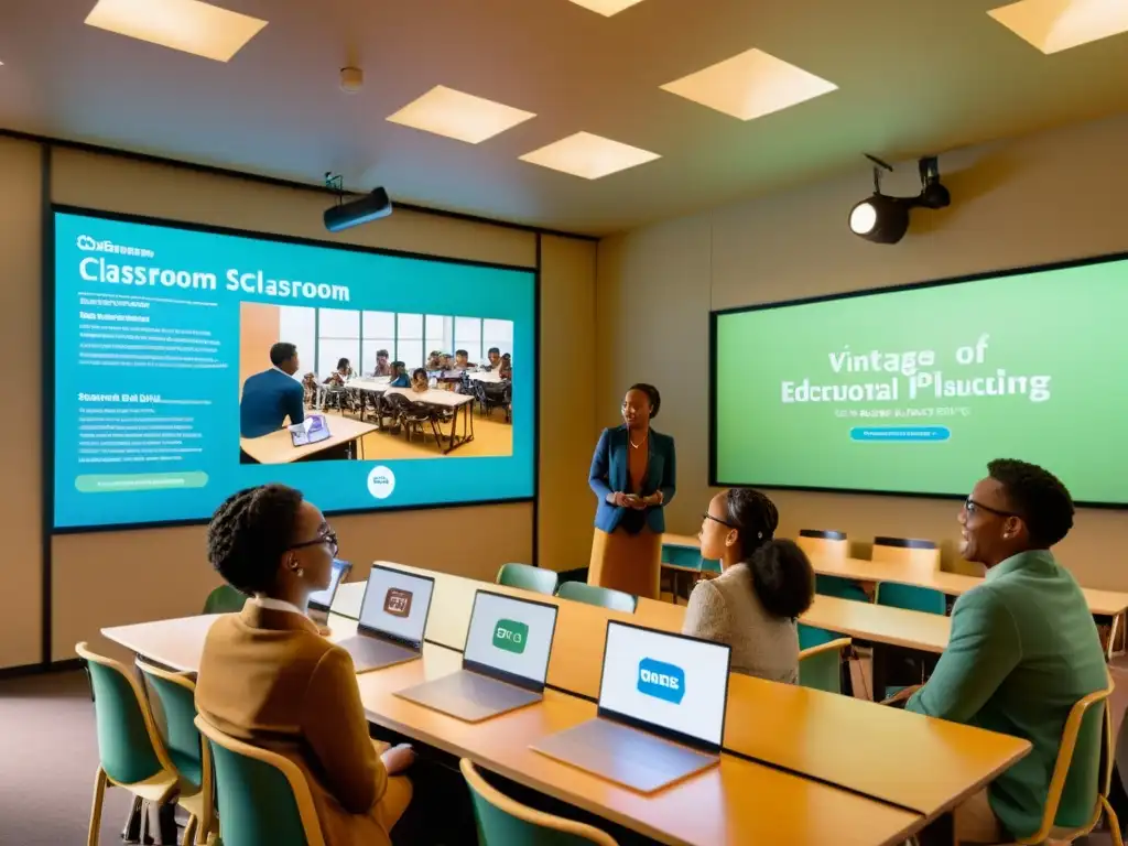 Una aula vintage con estudiantes de diversos orígenes y habilidades participando en una plataforma educativa online