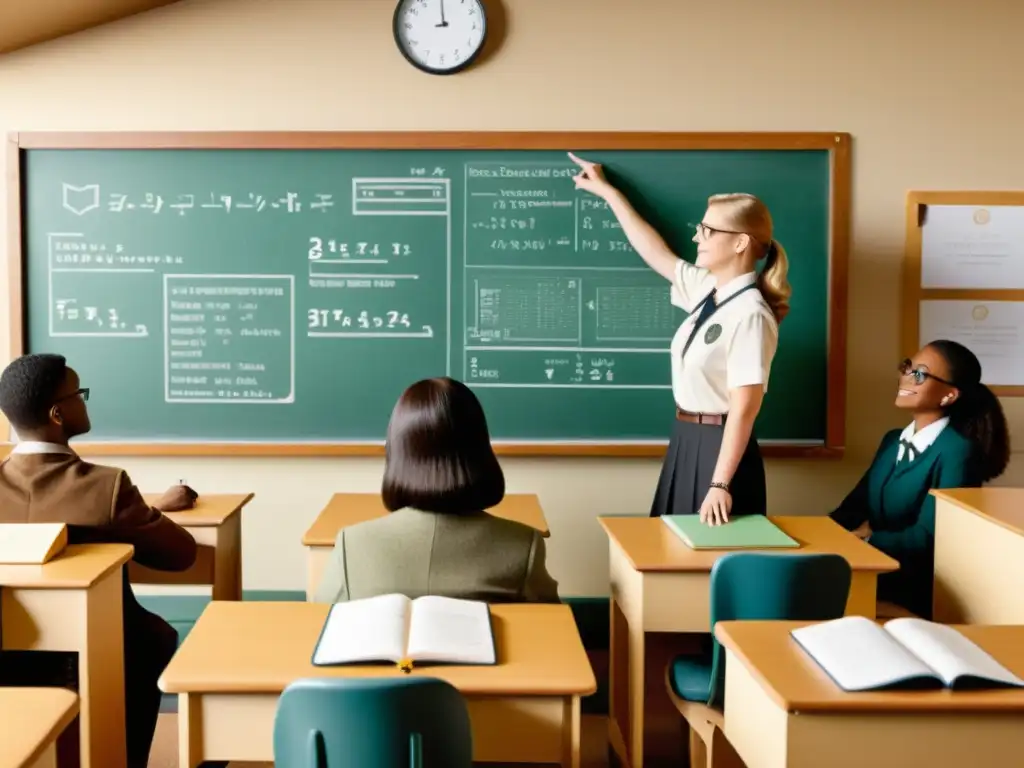 Aula vintage con estudiantes usando plataforma educativa aprendizaje en línea mientras el profesor enseña en la pizarra