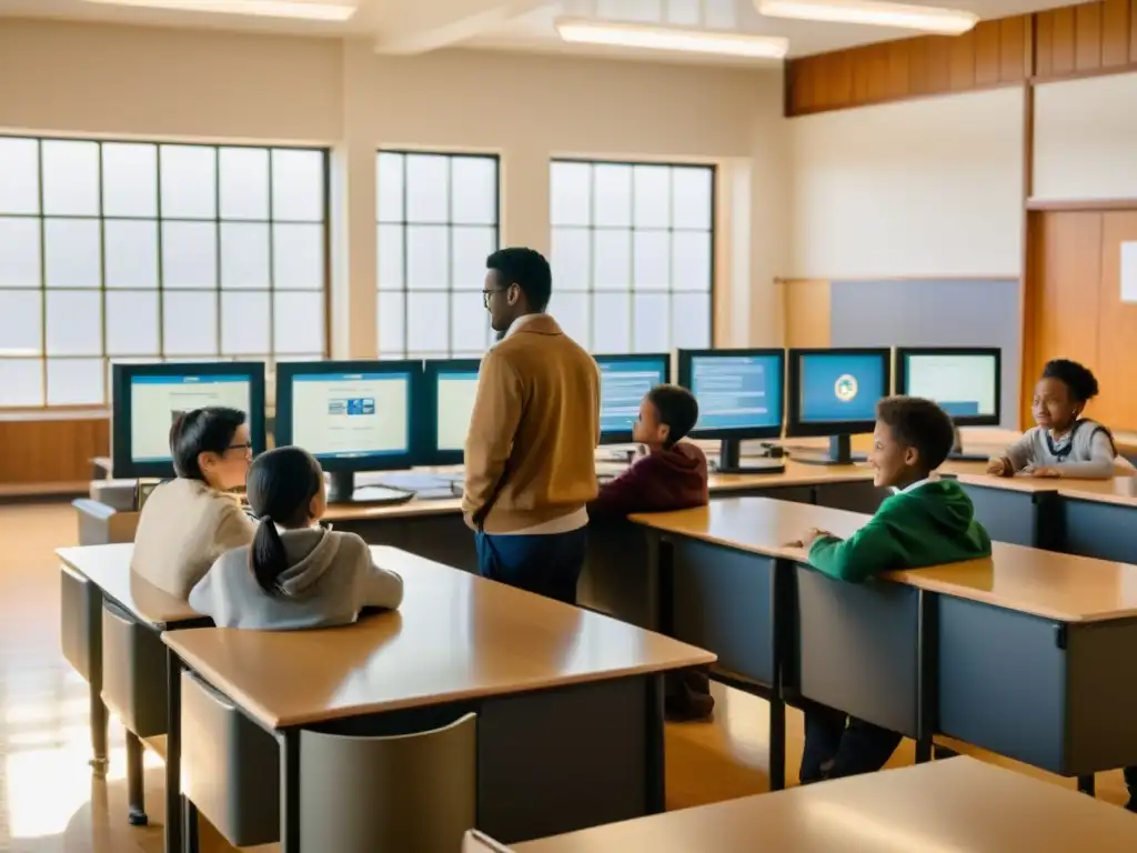 En un aula vintage, los estudiantes disfrutan de simulaciones interactivas en monitores antiguos mientras la maestra sonríe y participa