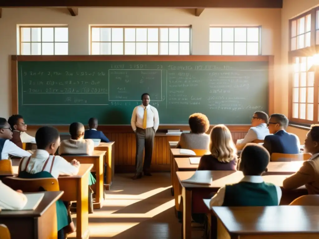 Una aula vintage llena de estudiantes diversos escuchando a un apasionado maestro