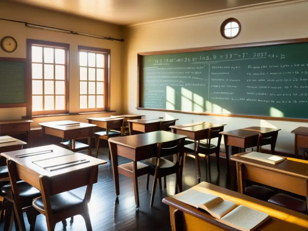 Una aula vintage con mesas y sillas de madera antiguas, pizarrón con ecuaciones, libros antiguos y plumas