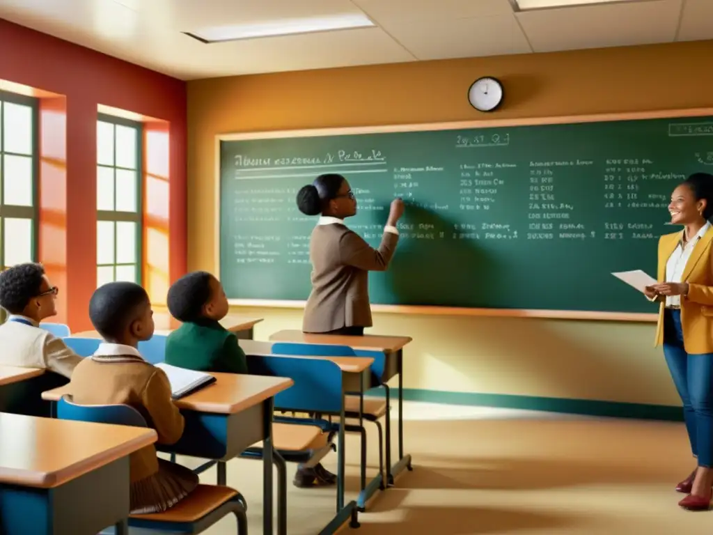 Aula vintage con pizarra llena de ecuaciones