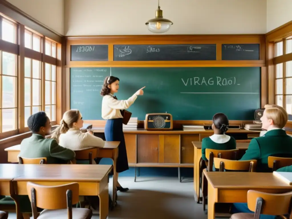 En un aula vintage, el profesor señala un radio antiguo mientras los estudiantes escuchan atentamente