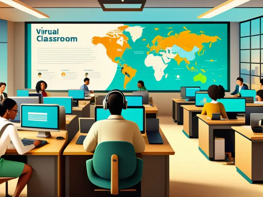 Un aula virtual animada, conectando estudiantes de todo el mundo en un ambiente de aprendizaje en línea