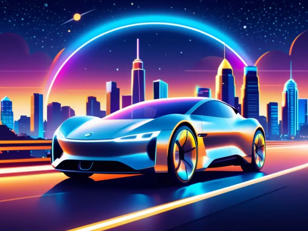 Un auto eléctrico futurista recorre la ciudad de noche, rodeado de tecnología eficiente