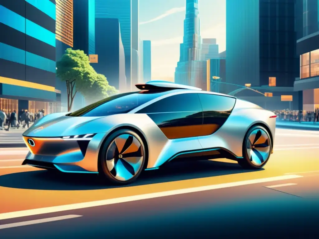 Un auto futurista autónomo en una ciudad bulliciosa, con tecnología avanzada y diseño aerodinámico