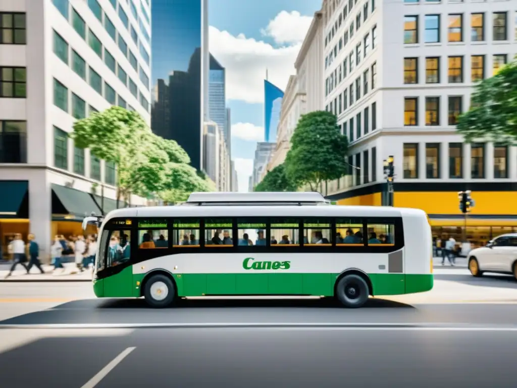 Un autobús eléctrico vintage recorre una bulliciosa calle de la ciudad, integrándose perfectamente en el paisaje urbano moderno