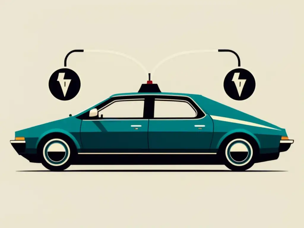 Dos autos vintage, uno híbrido con símbolos de gasolina y electricidad, el otro eléctrico con enchufe y batería, frente a una ciudad