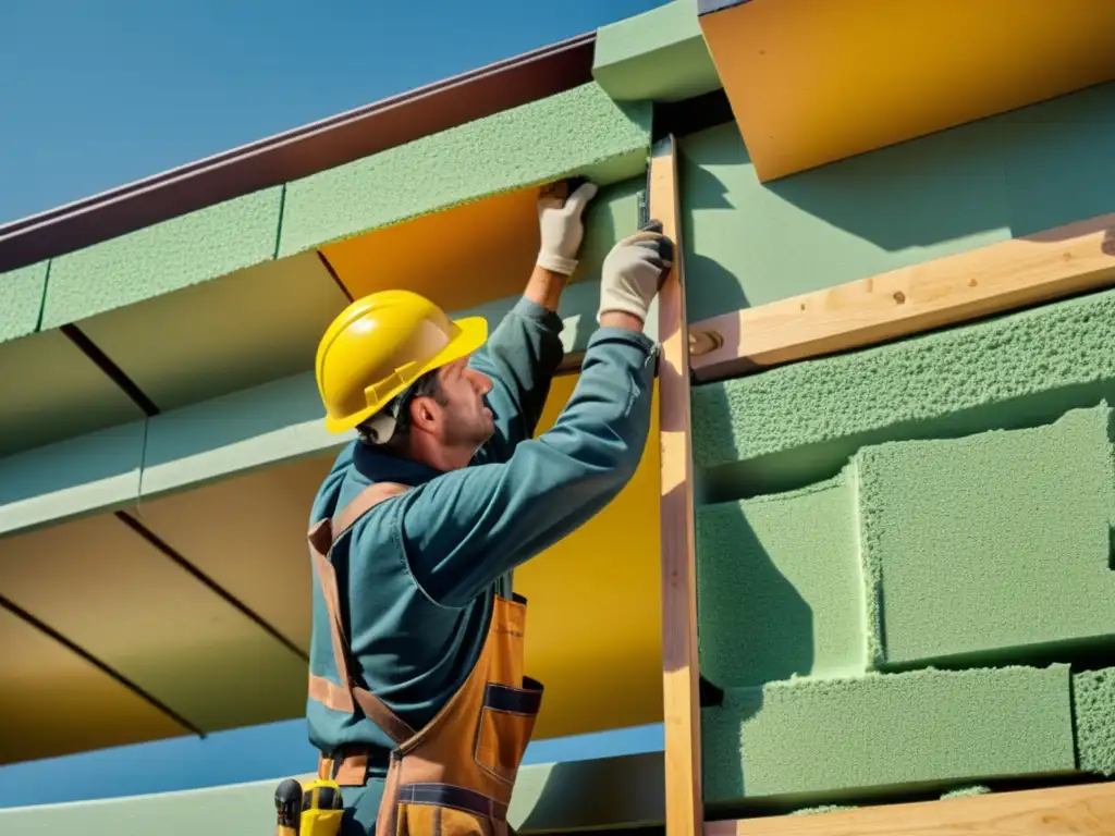Avance en la instalación de materiales aislantes en la construcción: trabajadores colocando paneles de espuma de poliuretano rígido en una obra vintage