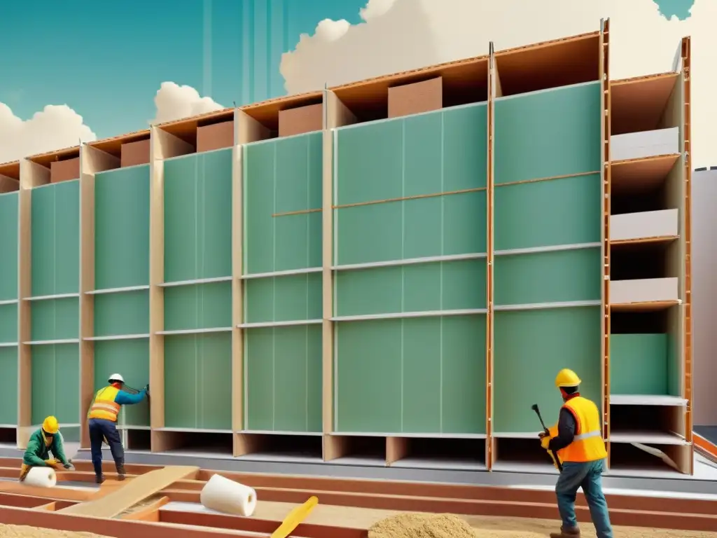 Avance en la aplicación de materiales aislantes en la construcción de edificios modernos, representado en ilustración vintage detallada