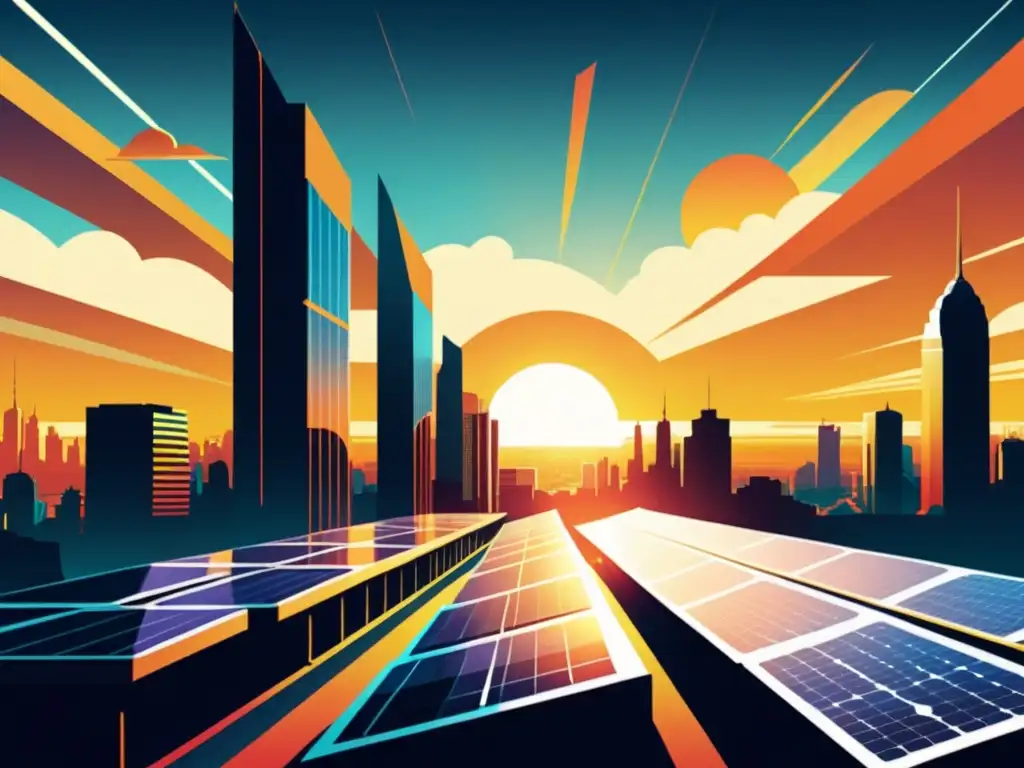 Avances tecnología paneles solares innovadores: Ilustración vintage de una ciudad futurista con modernos edificios y paneles solares