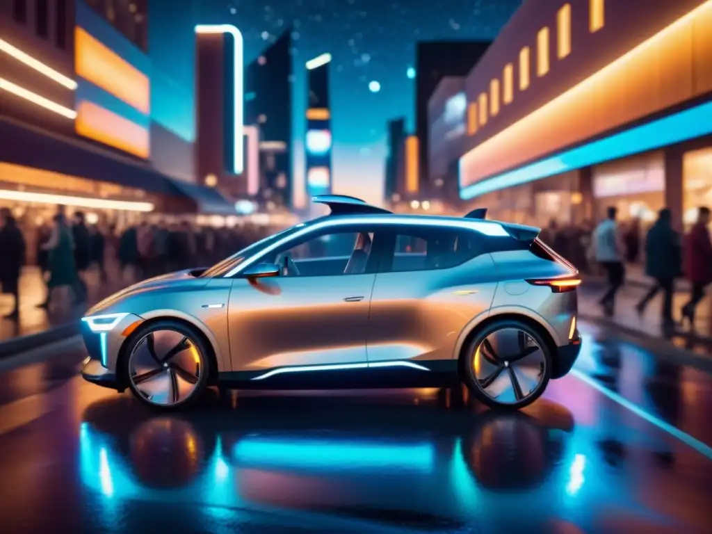 Avances en vehículos eléctricos autónomos del futuro: un coche eléctrico futurista recorre una ciudad bulliciosa de noche, iluminada por luces de neón, reflejando su superficie pulida y reluciente