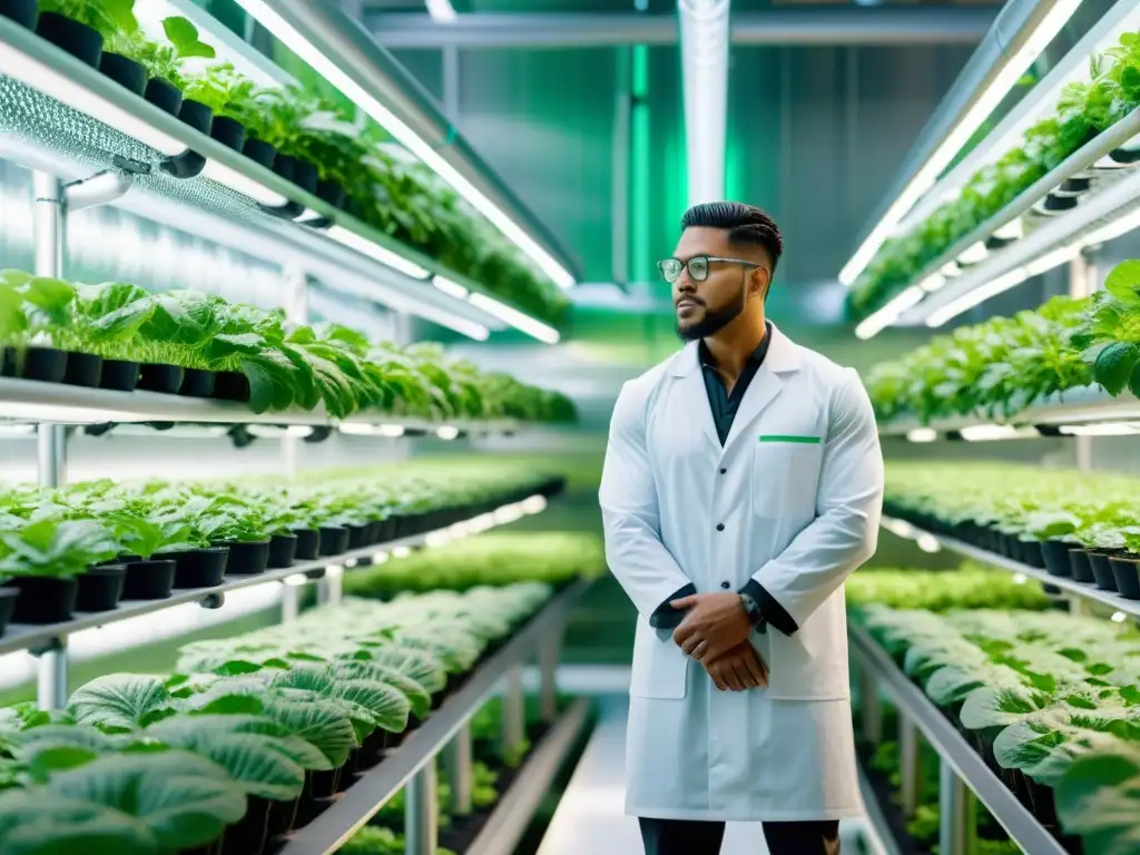 Avanzada granja vertical con innovaciones en agricultura, laboratorio y carne cultivada, transmitiendo tecnología y sostenibilidad